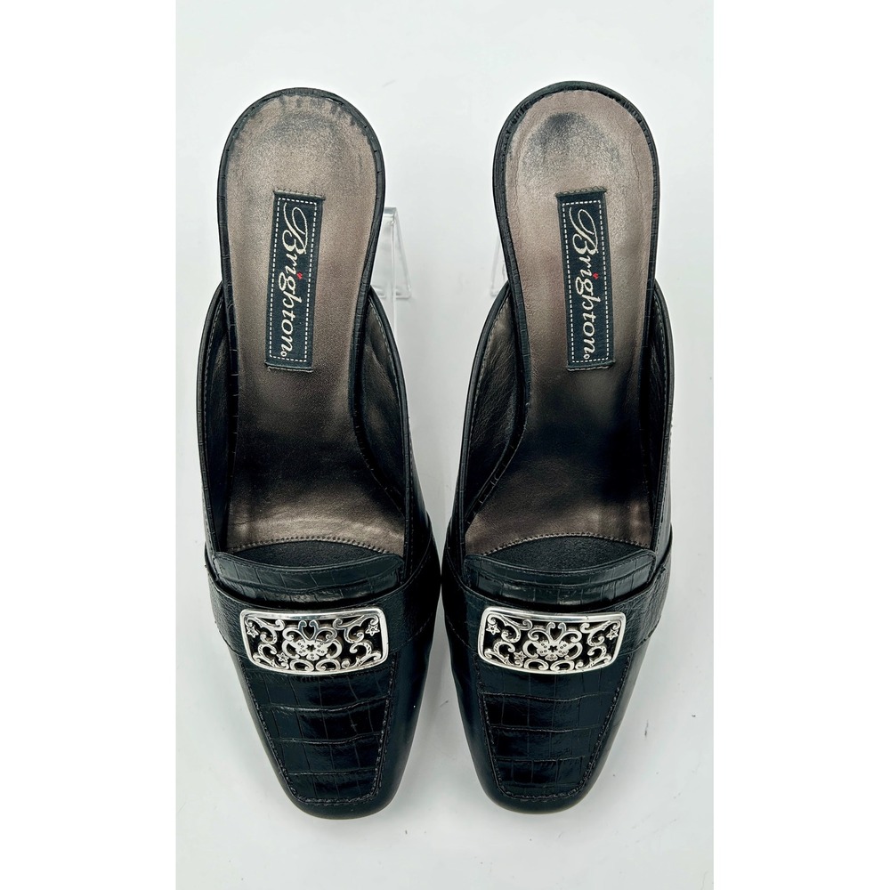 Brighton Steph Leather Heeled Mules Women 7.5M Blk‎ Croc Buckle Y2K Dressy Shoes